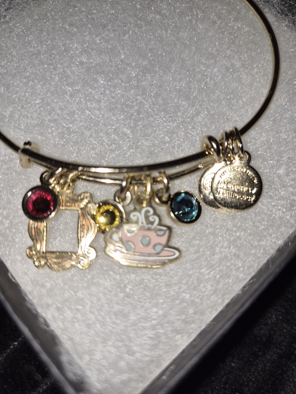 Alex and Ani Gold Tone Teacup Charm Bangle with Pink, Blue and Yellow Accents - Picture 2 of 2